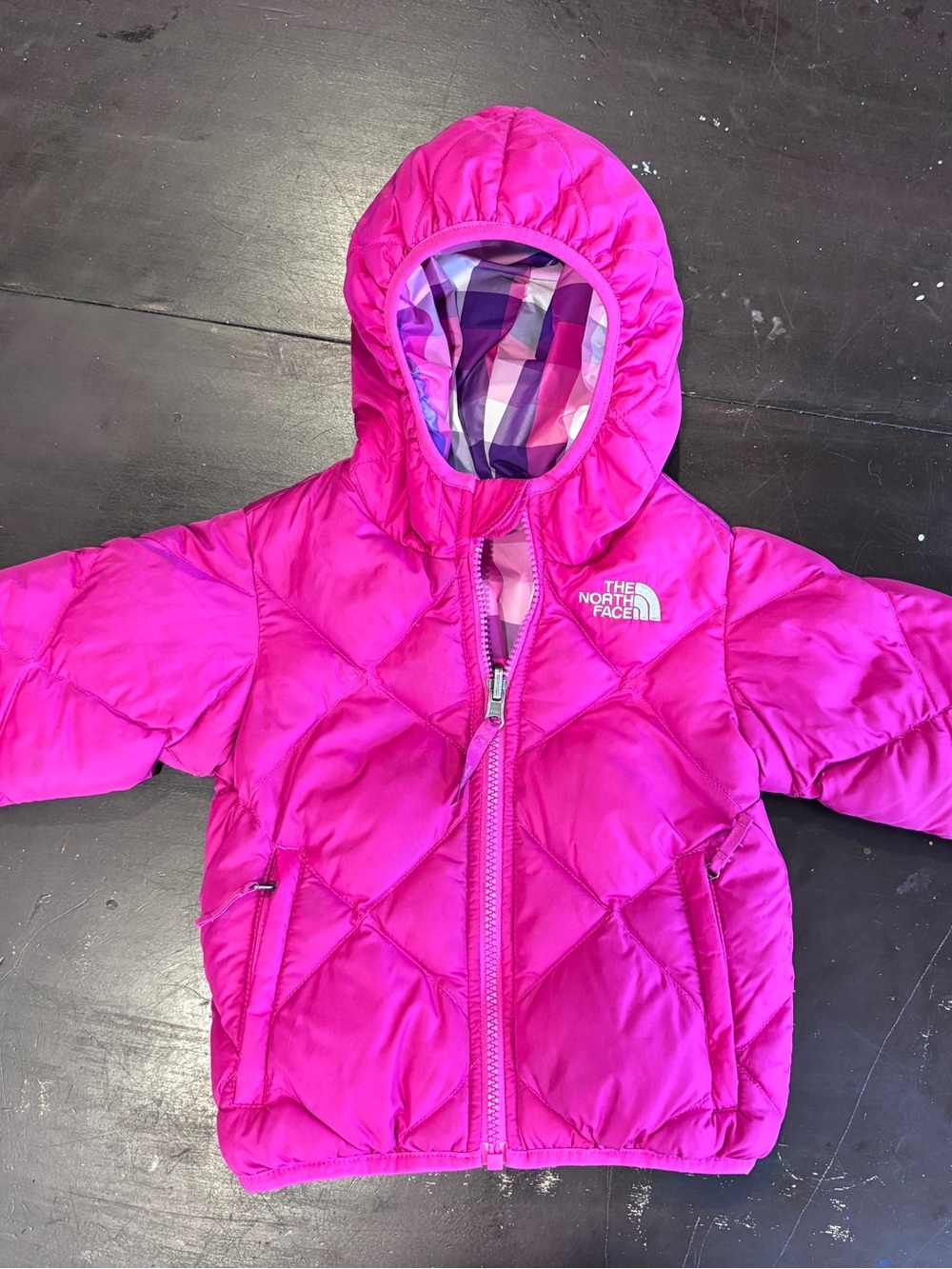 The North Face 2T Reversible 550 Down Puffer Jacket Pink + Plaid